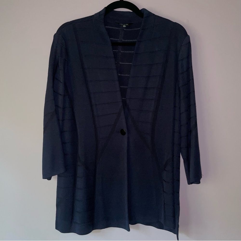 Misook M Cardigan Navy Blue Knit Sweater Jacket Longline